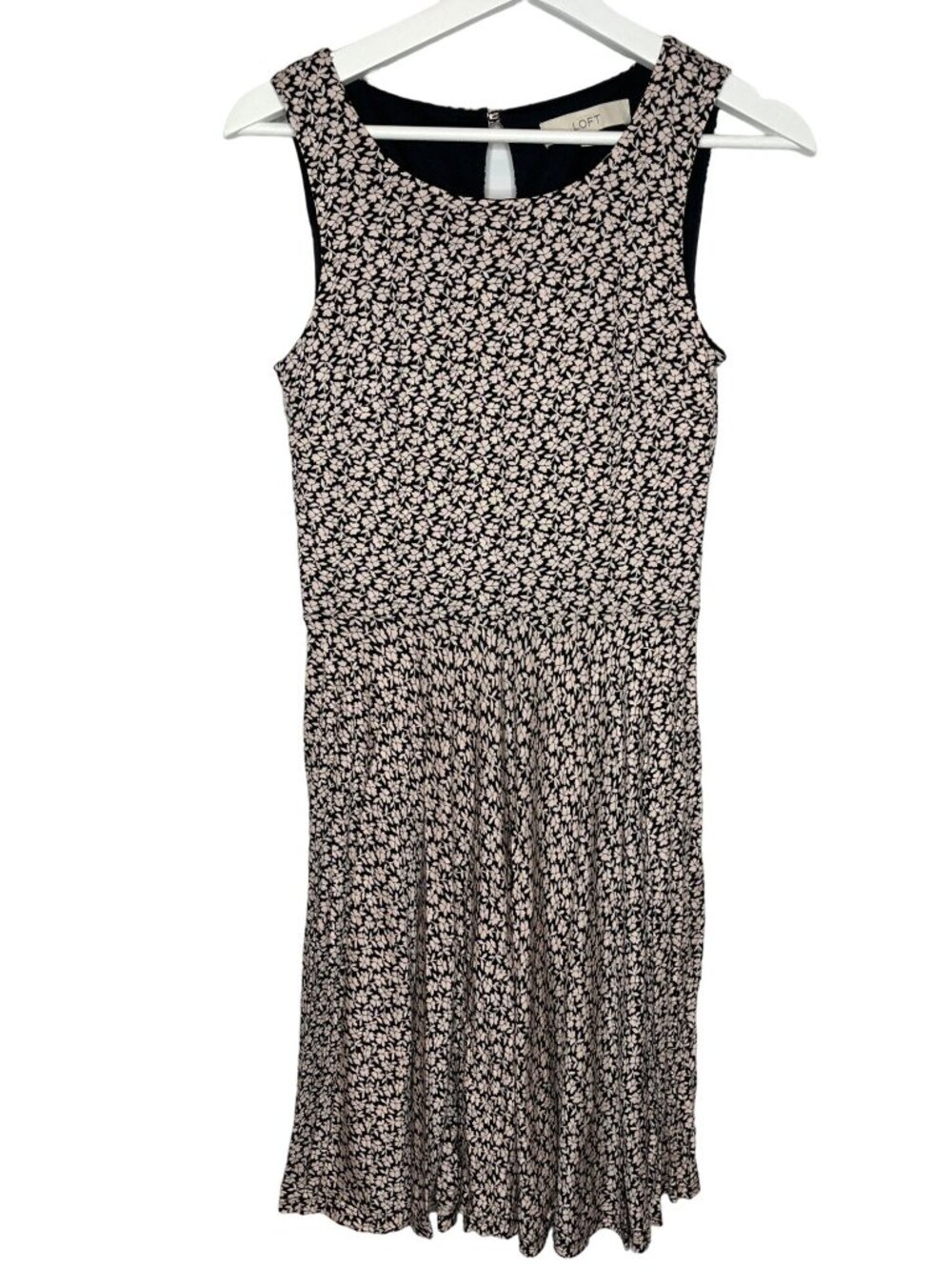LOFT Womens XS Black Tan Floral Sleeveless Stretch Fit Flare Dress
